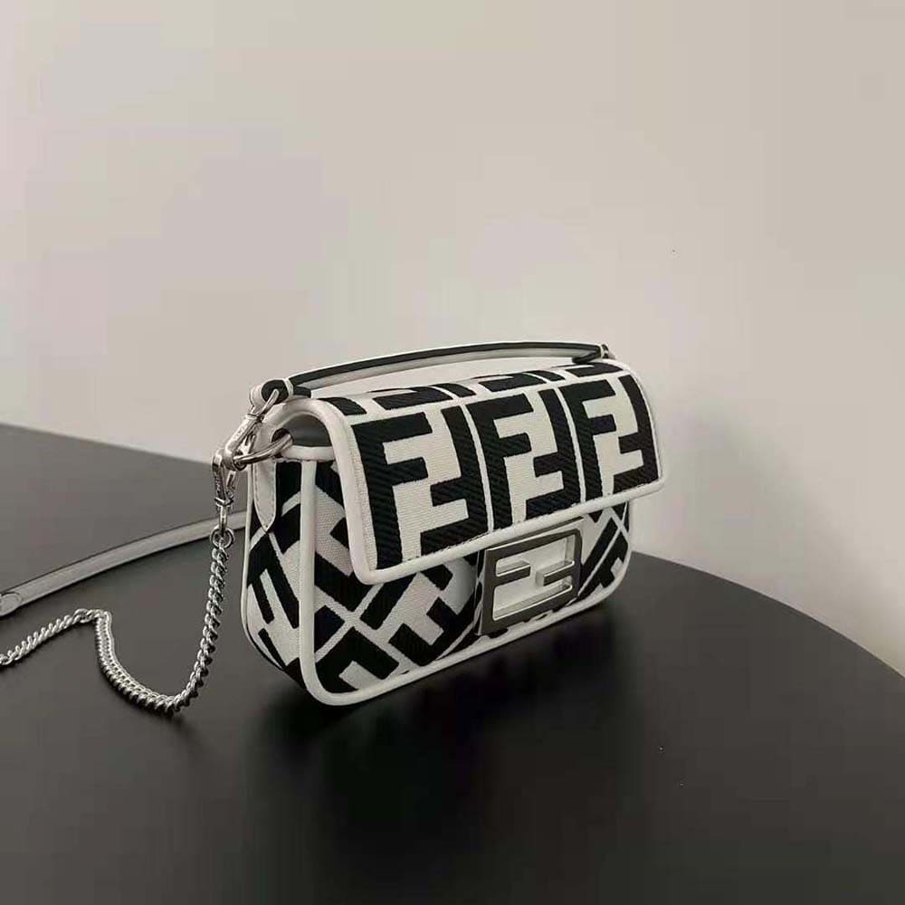 TÚI FENDI Women Baguette Mini White and Black Canvas Bag with FF Embroidery