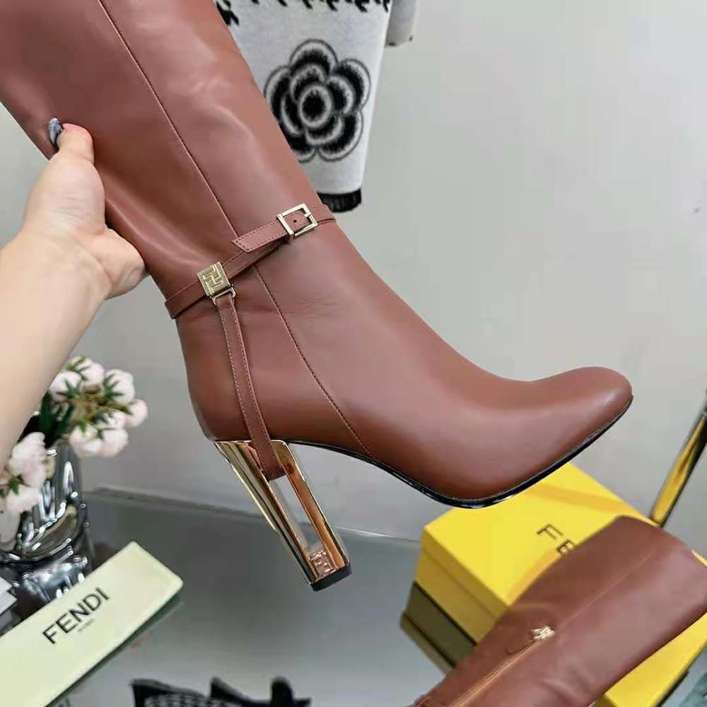 GIÀY Fendi Women Delfina Leather High-heeled Boots-Brown