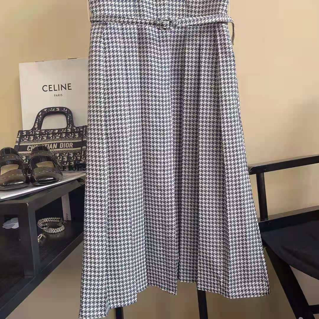 Váy Dior Women Mid-Length Belted Dress Black and White Technical Cotton Jacquard and Silk