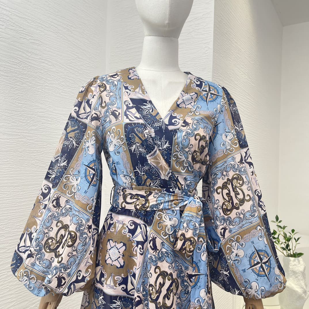 VÁY ZIMMERMANN Blue Plaid Long Lantern Sleeve Wrap Midi Dress High Classy