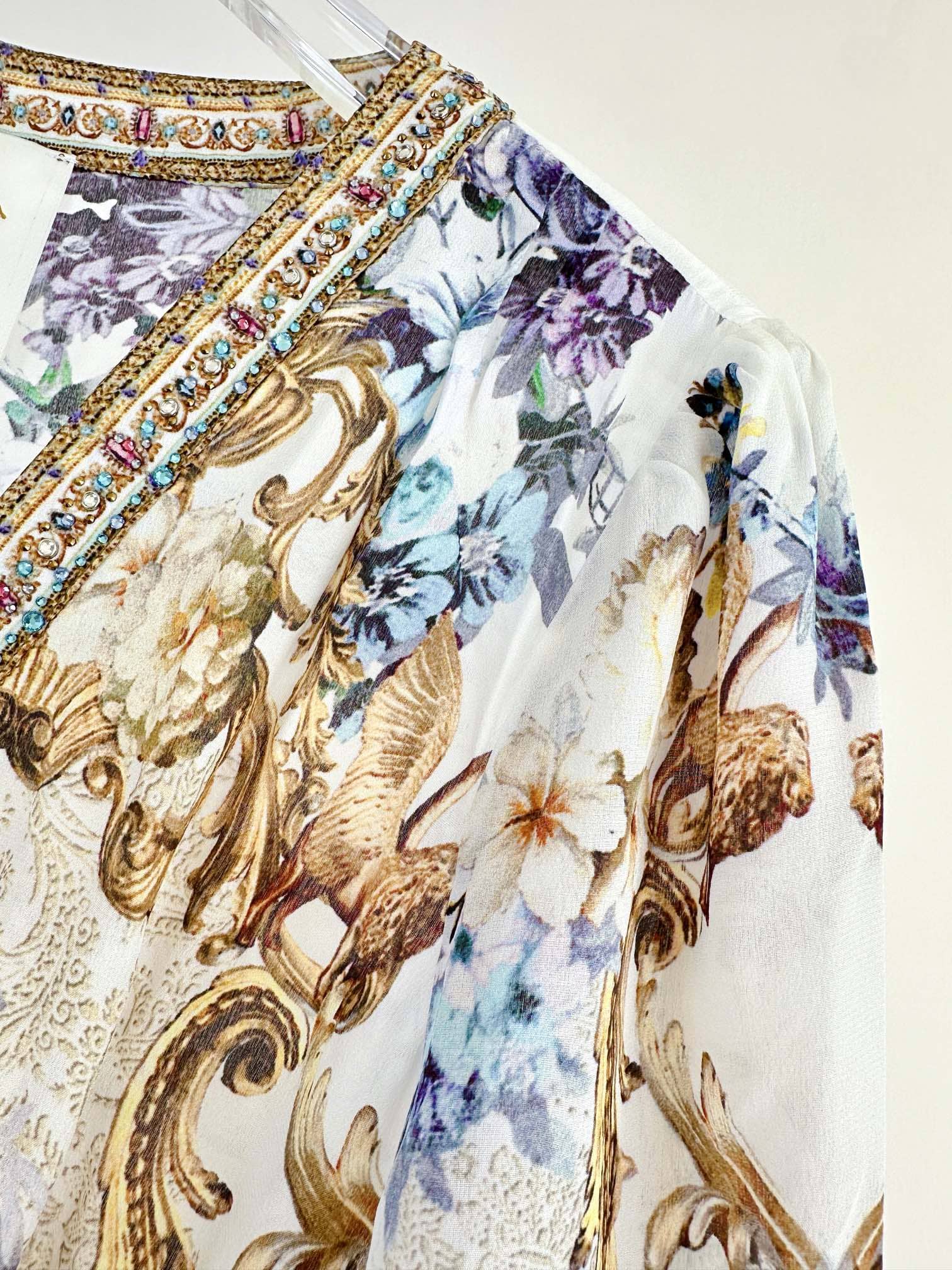 VÁY CAMILLA Silk Blue Cardigan Embellished V-Neck Maxi Dress High Classy Dài Tay