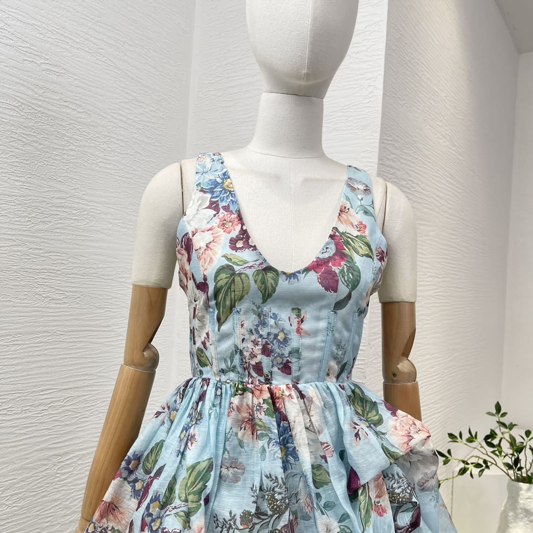 VÁY ZIMMERMANN Holiday Blue Floral Pirnt Ruched Sleeveless High-low Midi Dress High Classy