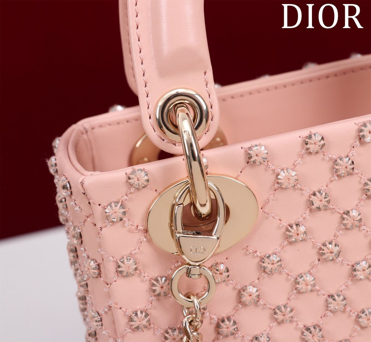 TÚI CHRISTIAN DIOR LADY DIOR Cannage Calfskin with Platinum Beaded Embroidery Pink