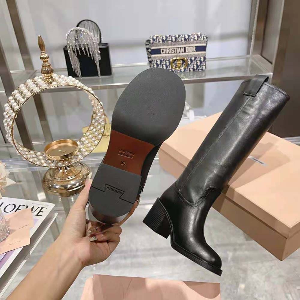 GIÀY Miu Miu Women Leather Booties with Screen-printed Logo-Black