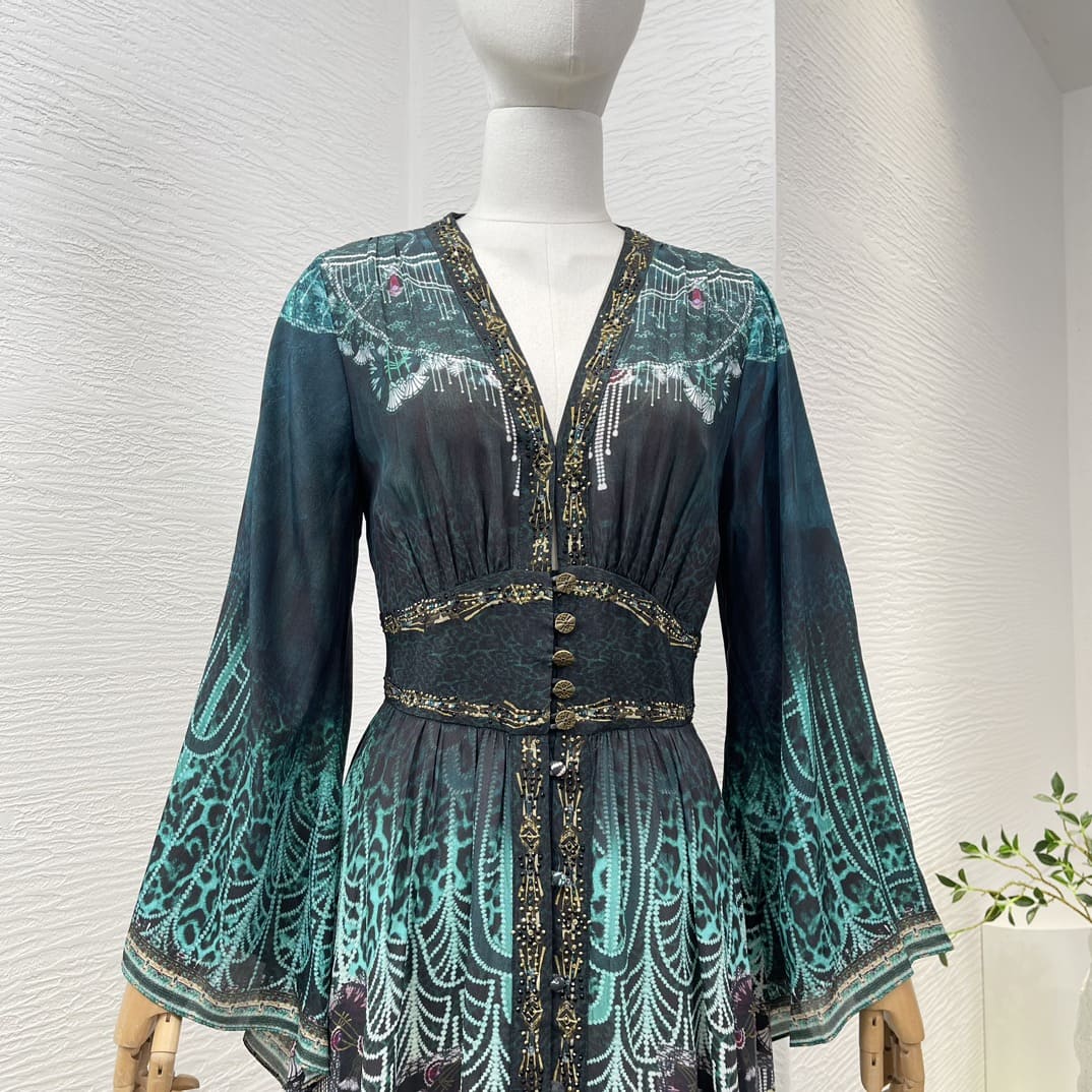 VÁY CAMILLA WorldCloset Peacock Blue Exotic Style Vintage Midi Dress High Classy