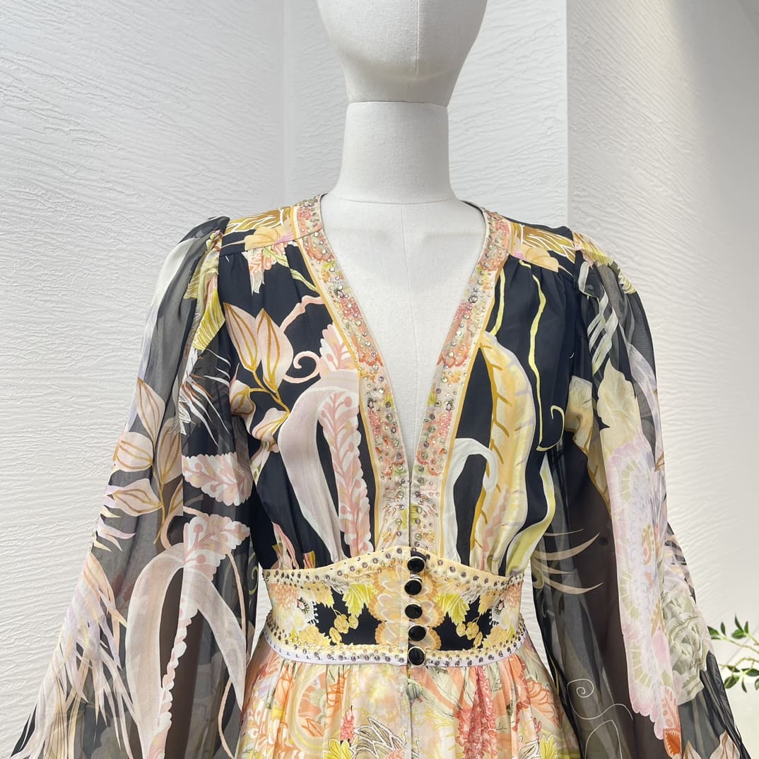 VÁY ZIMMERMANN Beading Black Long Sleeve Floral Print Midi Dress High Classy