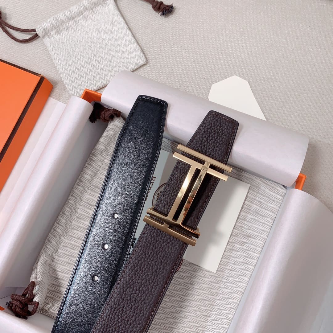 DÂY LƯNG HERMES Double H Matte Black Togo leather hai mặt khóa vàng