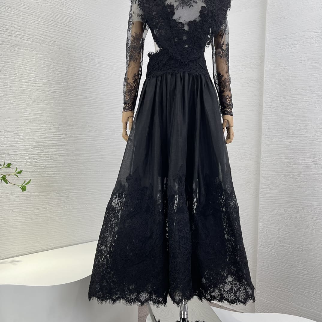 VÁY ZIMMERMANN Black Long Sleeve Lace Patchwork Midi Dress For Event High Classy