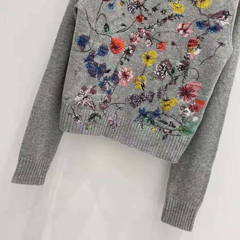 ÁO Dior Women Embroidered Sweater Gray Cashmere Knit with Red Multicolor Florilegio Motif