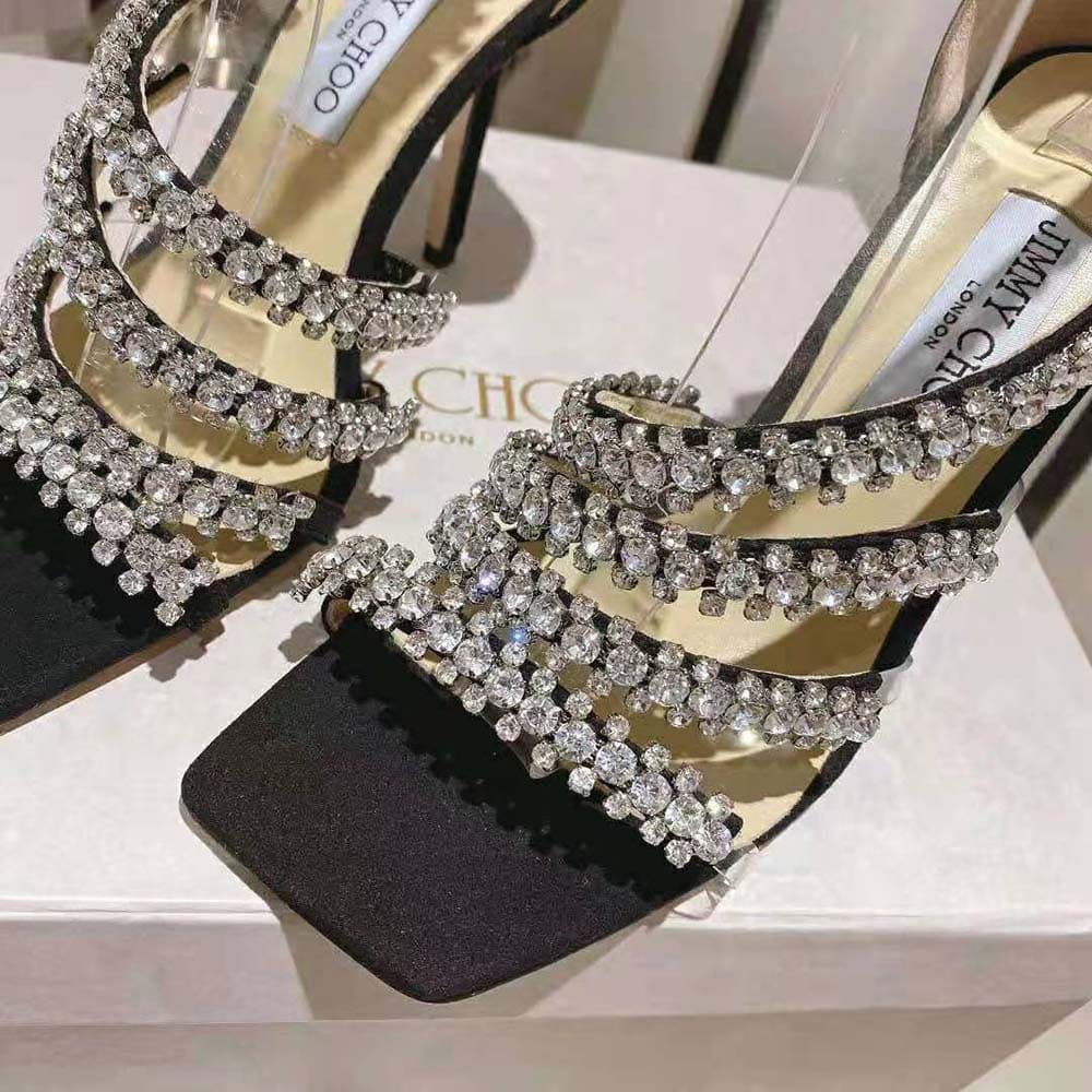 GIÀY Jimmy Choo Women Josefine 100 Black Suede Sandals with Crystal Embellishment