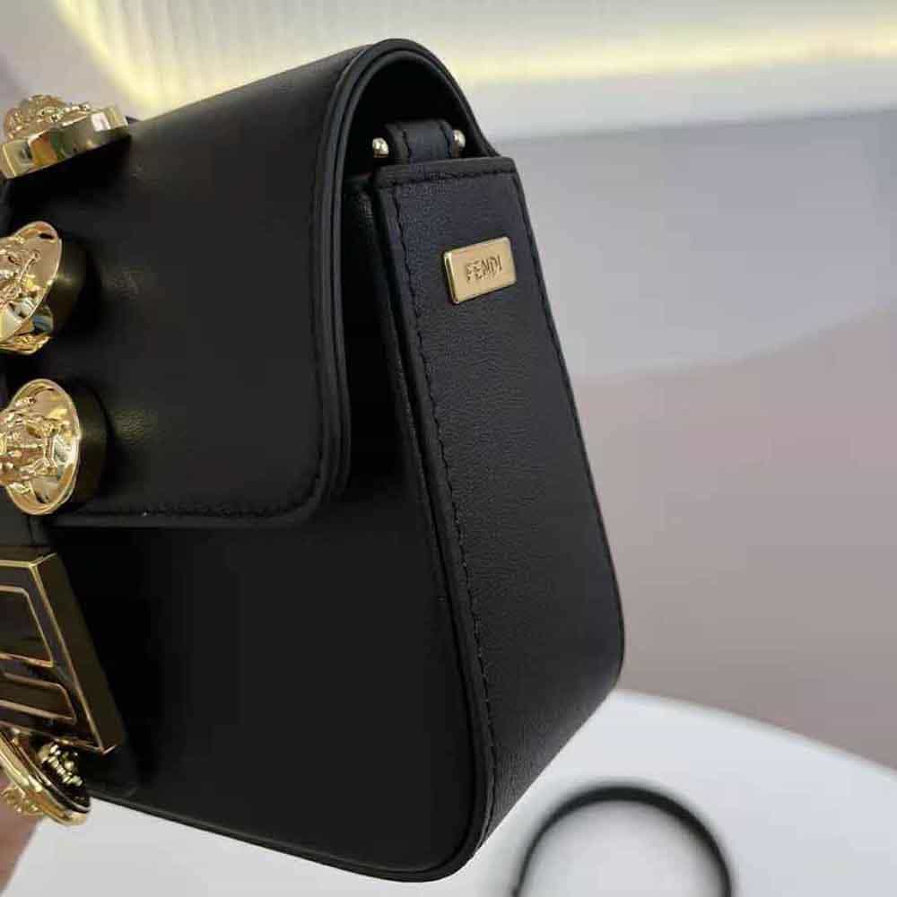 TÚI FENDI Women Brooch Mini Baguette Fendace Black Leather Bag