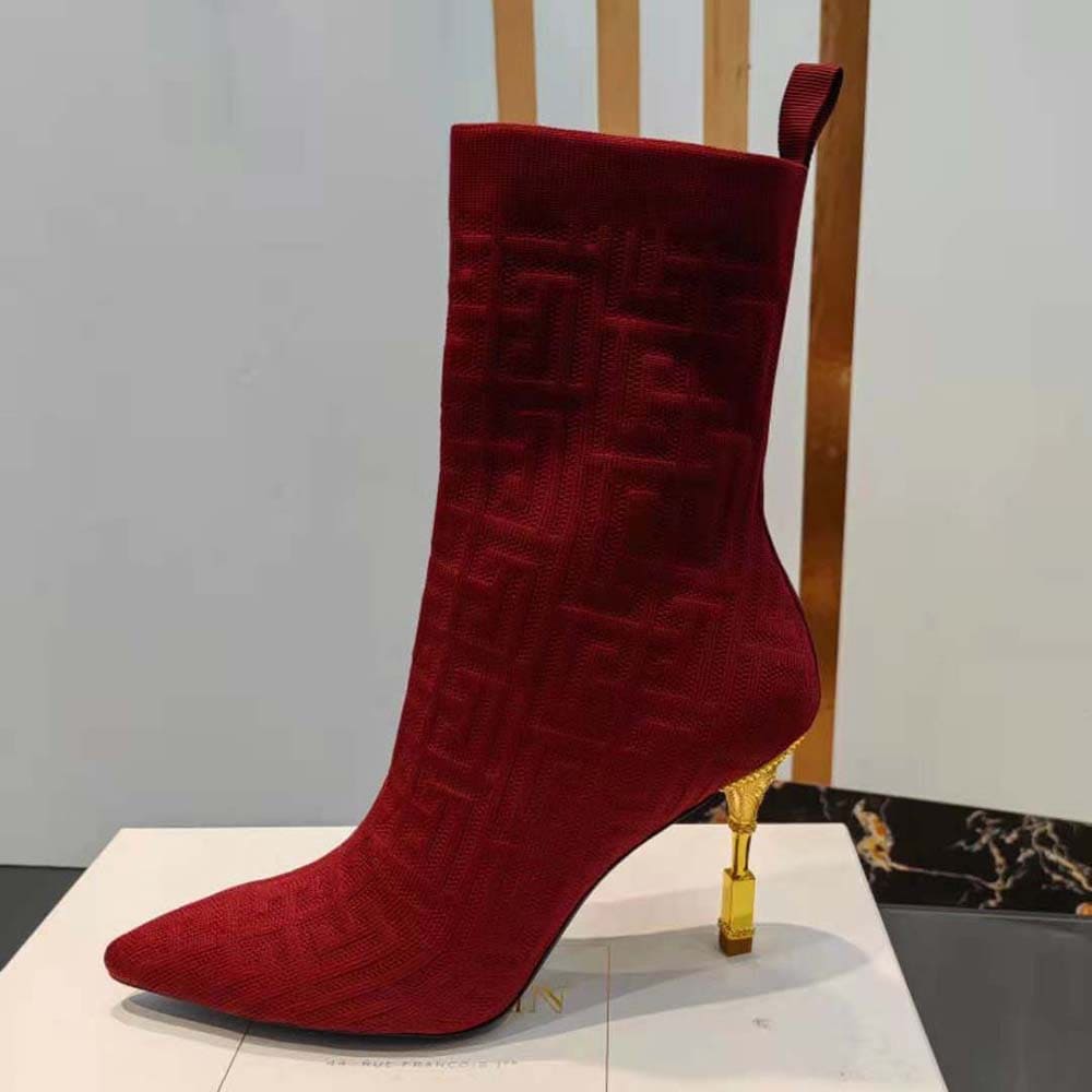 GIÀY Balmain Women Moneta Monogrammed Knit Ankle Boots with Engraved Heel-Red