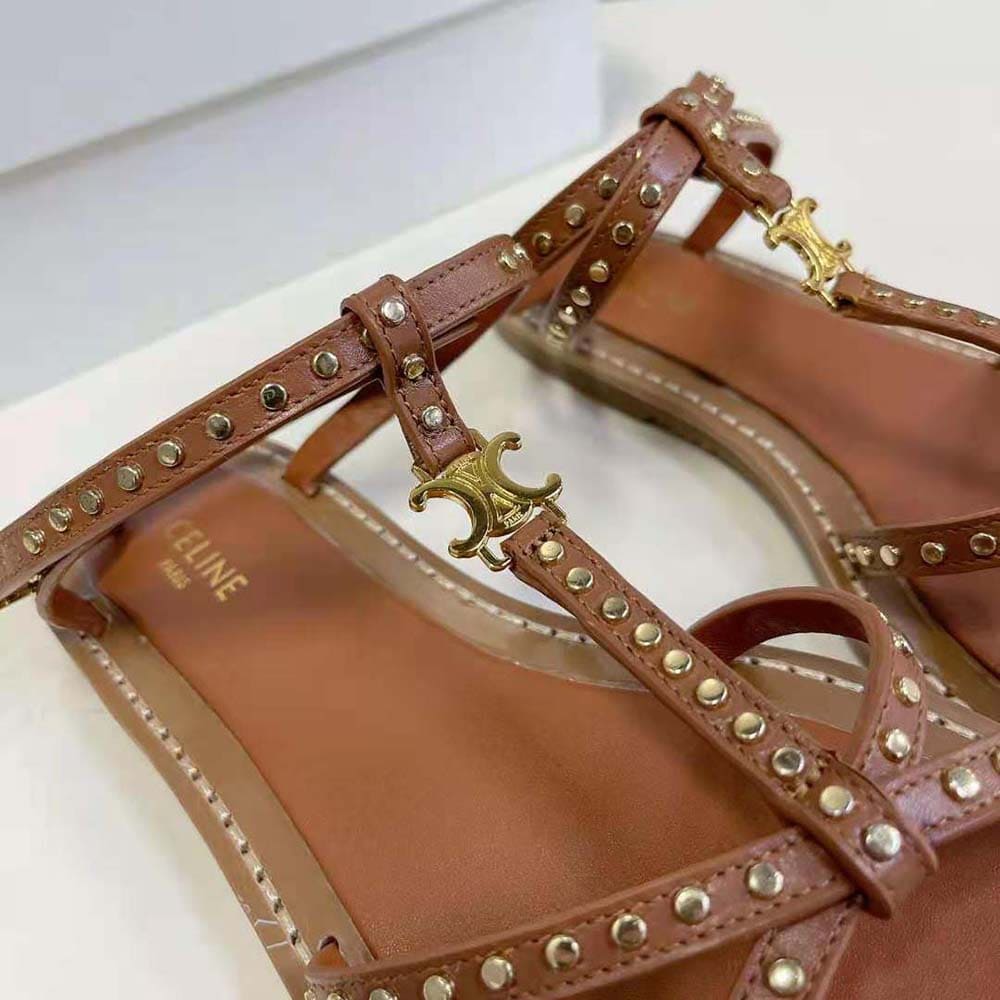 DÉP SANDALS Celine Women Taillat Flat Sandal with Studs in Calfskin – Vegetal Tanning & Studs-Brown