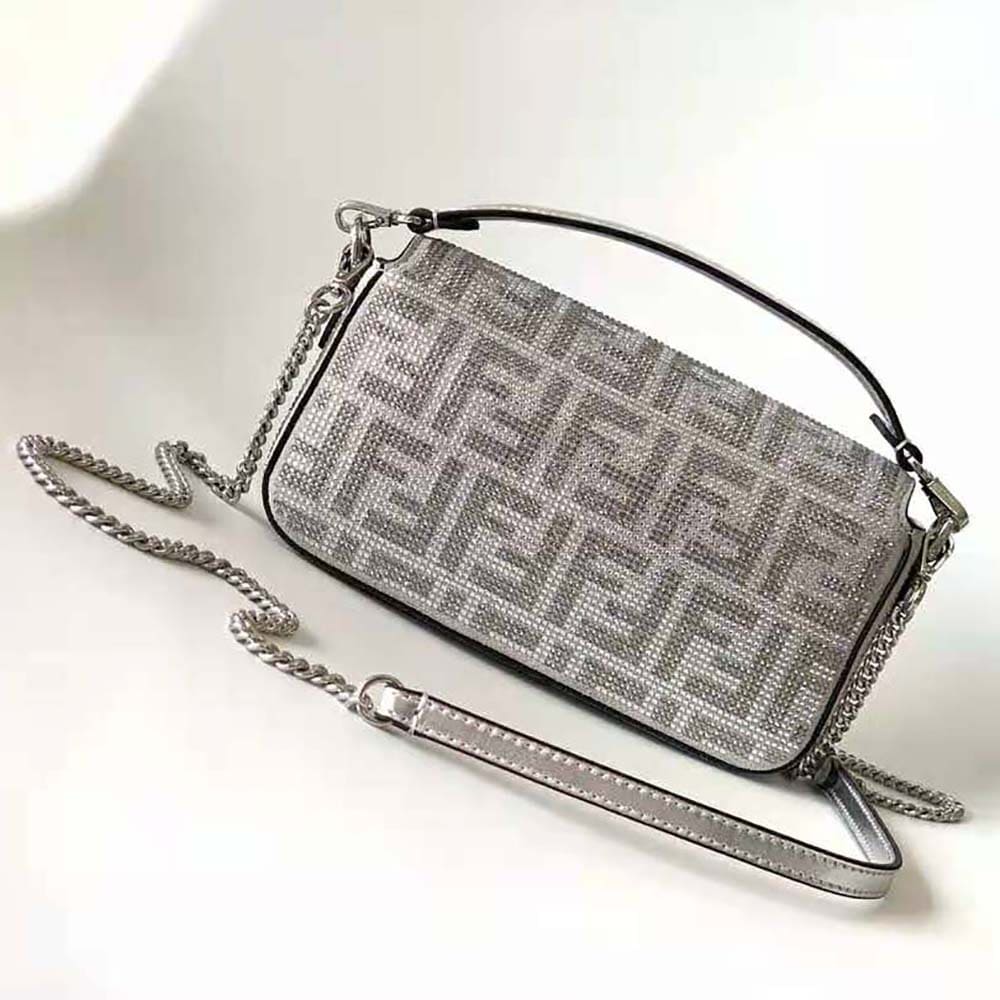 TÚI FENDI Women Baguette Mini Silver Leather Bag with Crystal FF Motif