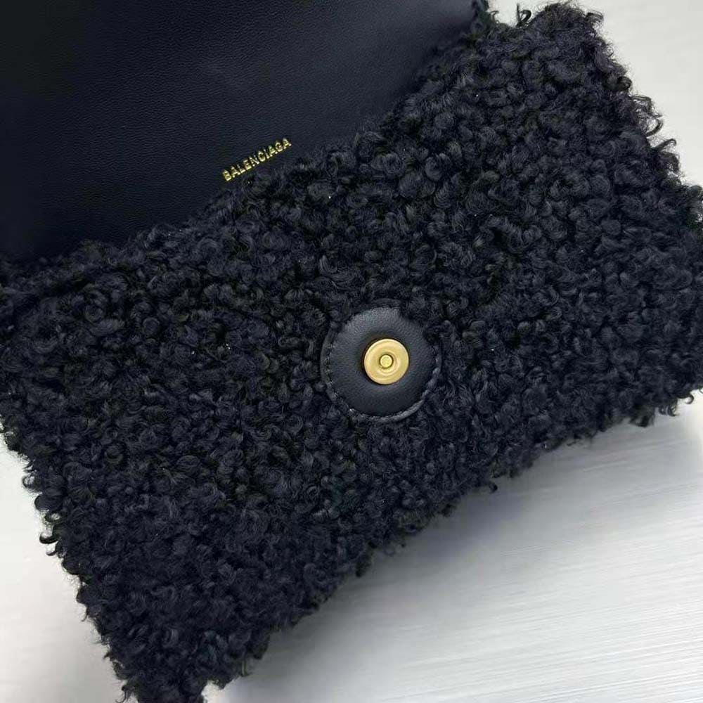 TÚI Balenciaga Women Furry Hourglass Small Handbag with Strap in Black