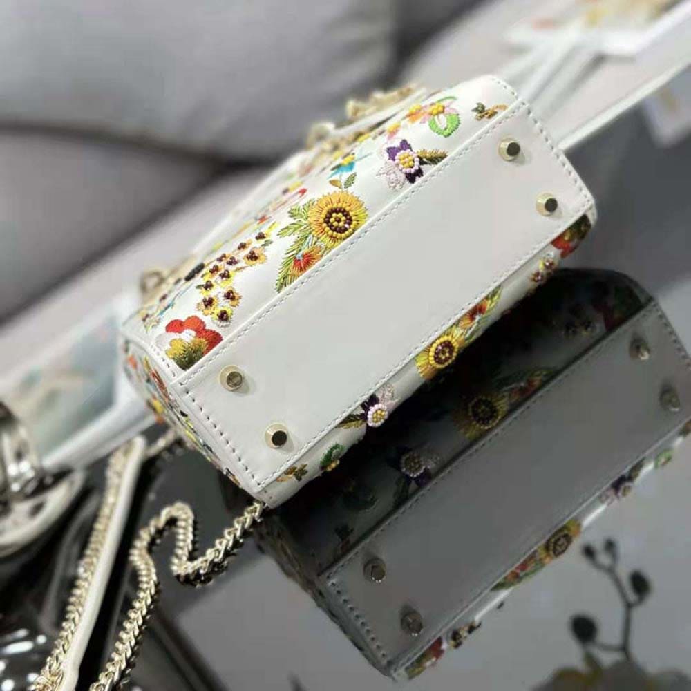 TÚI Dior Women Mini Lady Dior Bag Latte Calfskin Embroidered with Multicolor Small Flowers