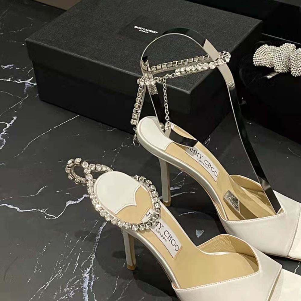 GIÀY Jimmy Choo Women Saeda Sandal 100 Ivory Satin Sandals with Crystal Embellishment