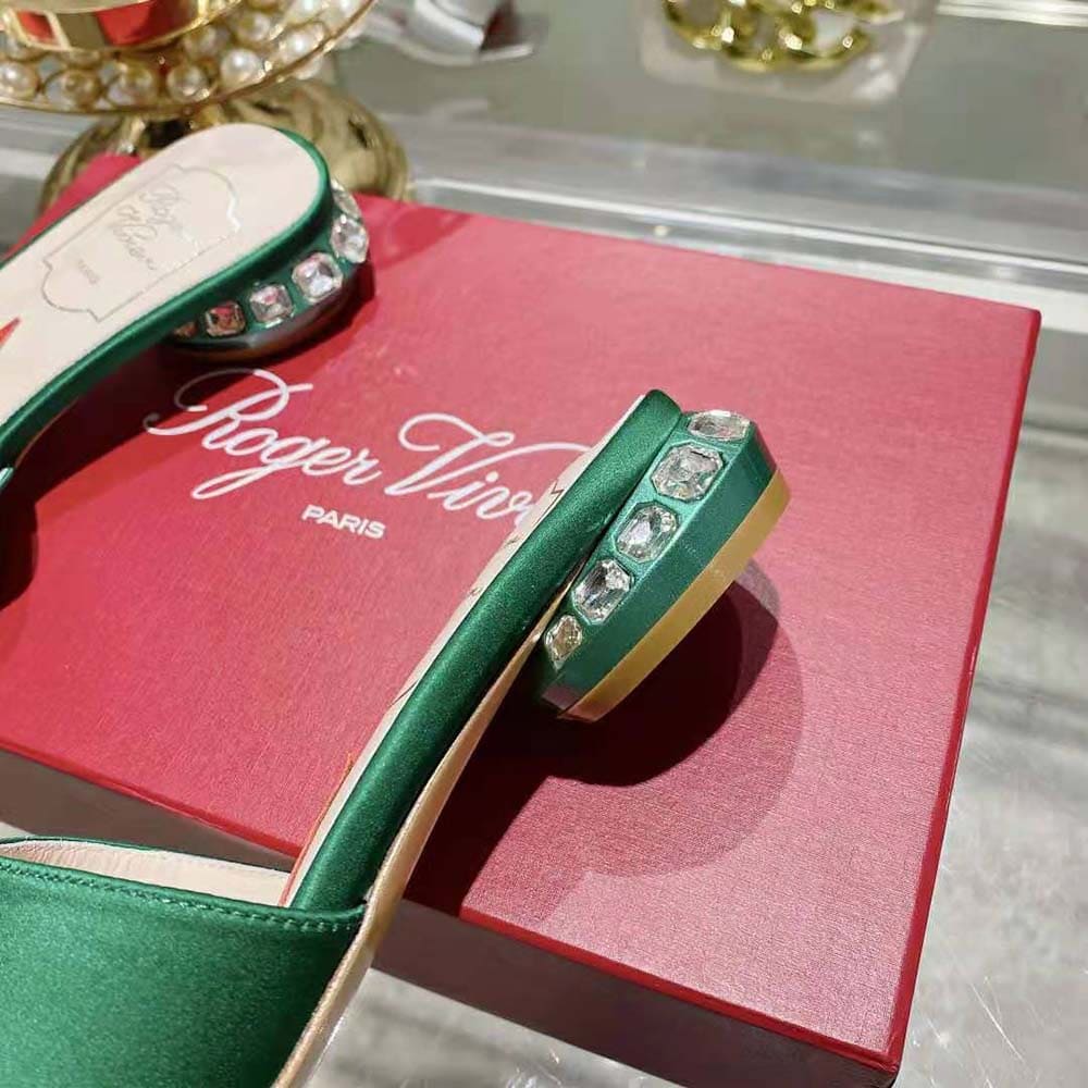 DÉP Roger Vivier Women Strass Heel Covered Buckle Mules in Satin-Green
