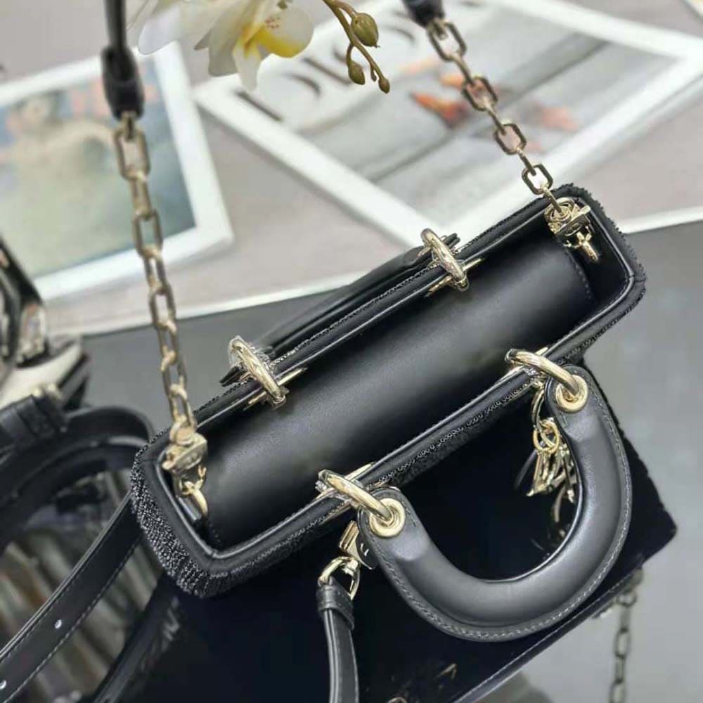TÚI Dior Women Small Lady D-joy Bag Black Cannage Cotton with Micropearl Embroidery