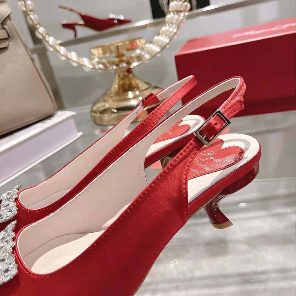 GIÀY Roger Vivier Women Virgule Strass Buckle Slingback Pumps in Satin-Red