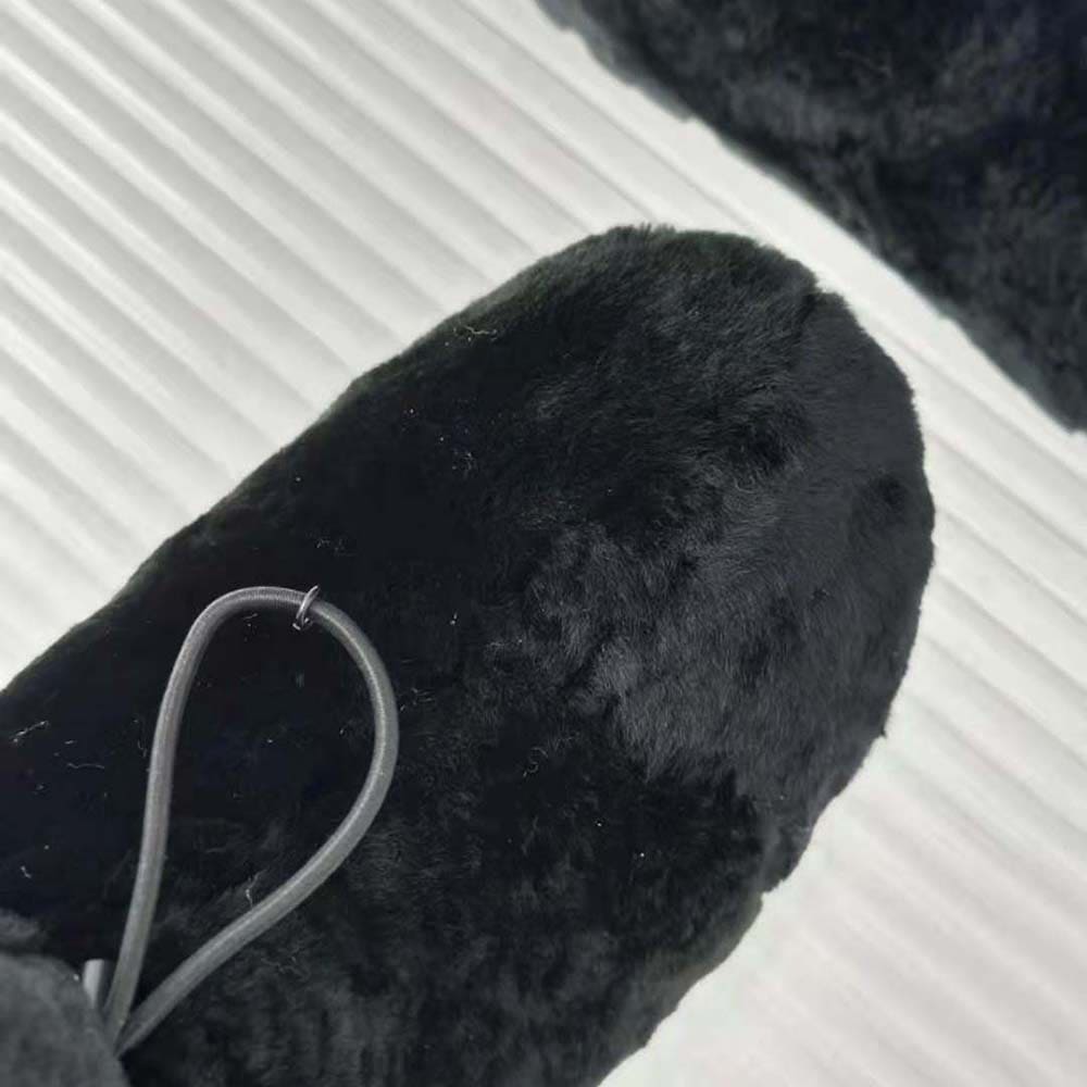GIÀY Prada Women Shearling Booties with Enameled Metal Triangle Logo-Black