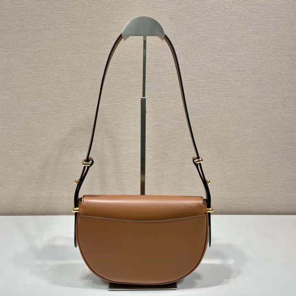 TÚI PRADA  Women Arqué Leather Shoulder Bag with Flap-Brown