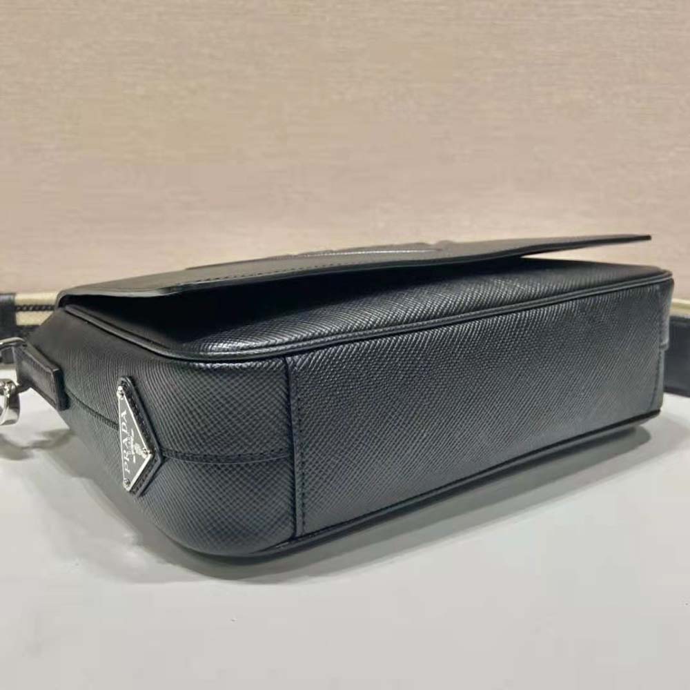 TÚI Prada Men Saffiano Leather Shoulder Bag with Sleek-Black