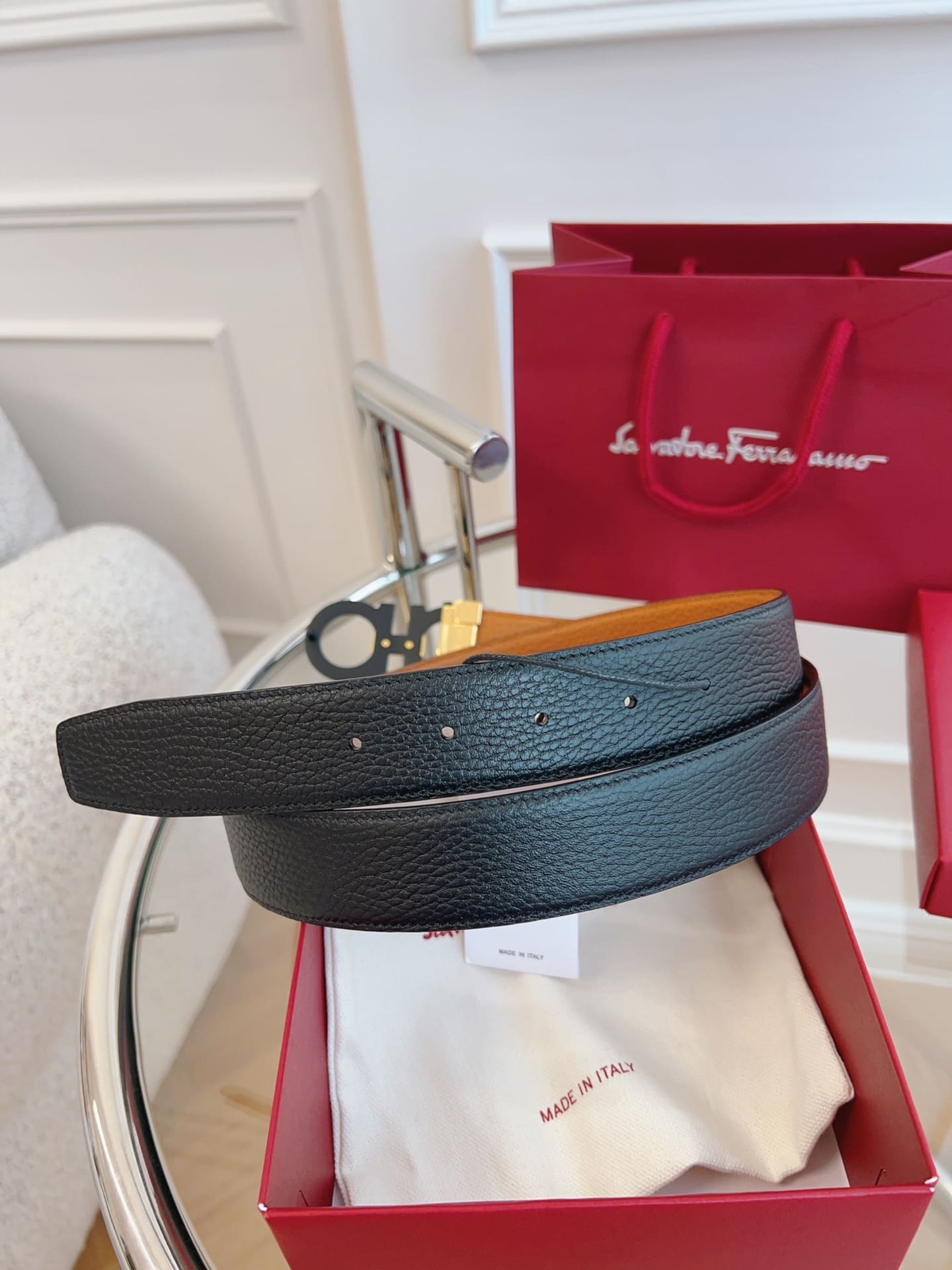 DÂY LƯNG Salvatore Ferragamo Adjustable Gancini Belt Khóa vàng đen