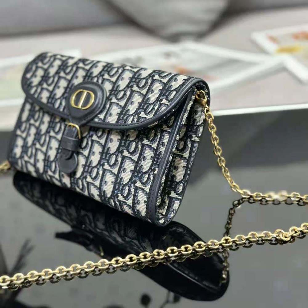 TÚI Dior Women Bobby East-west Pouch with Chain Blue Dior Oblique Jacquard