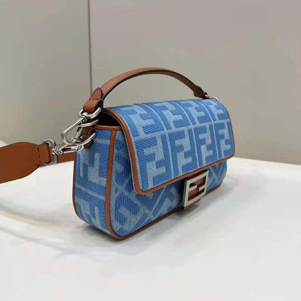 TÚI FENDI Women Baguette Light Blue Denim Bag with FF Embroidery