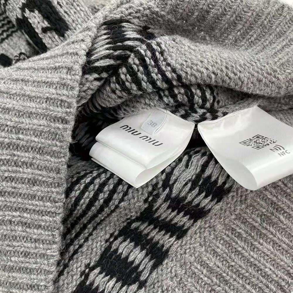ÁO Miu Miu Women Cashmere Crew-Neck Sweater with Intarsia Knit Logo-Gray