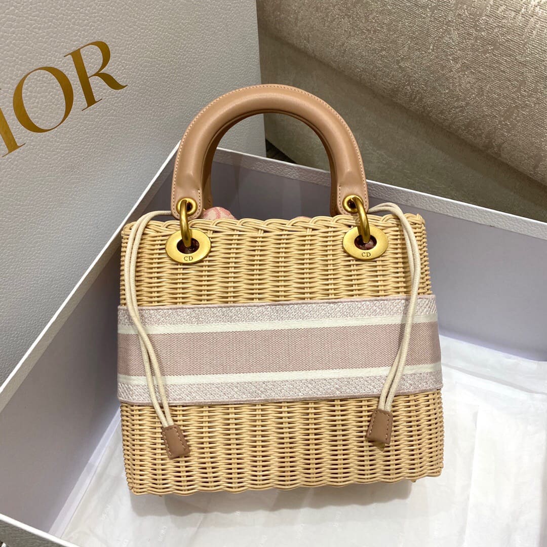 TÚI Dior Women Medium Lady Dior Bag Natural Wicker and Pink Dior Oblique Jacquard