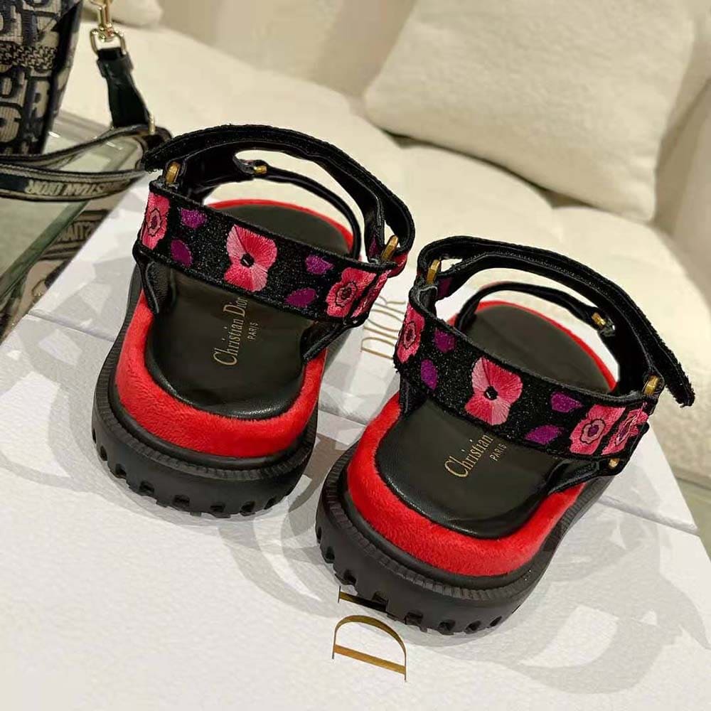 DÉP Dior Women D-wave Sandal Indy Pink Multicolor Cotton with Jardin Indien Embroidery