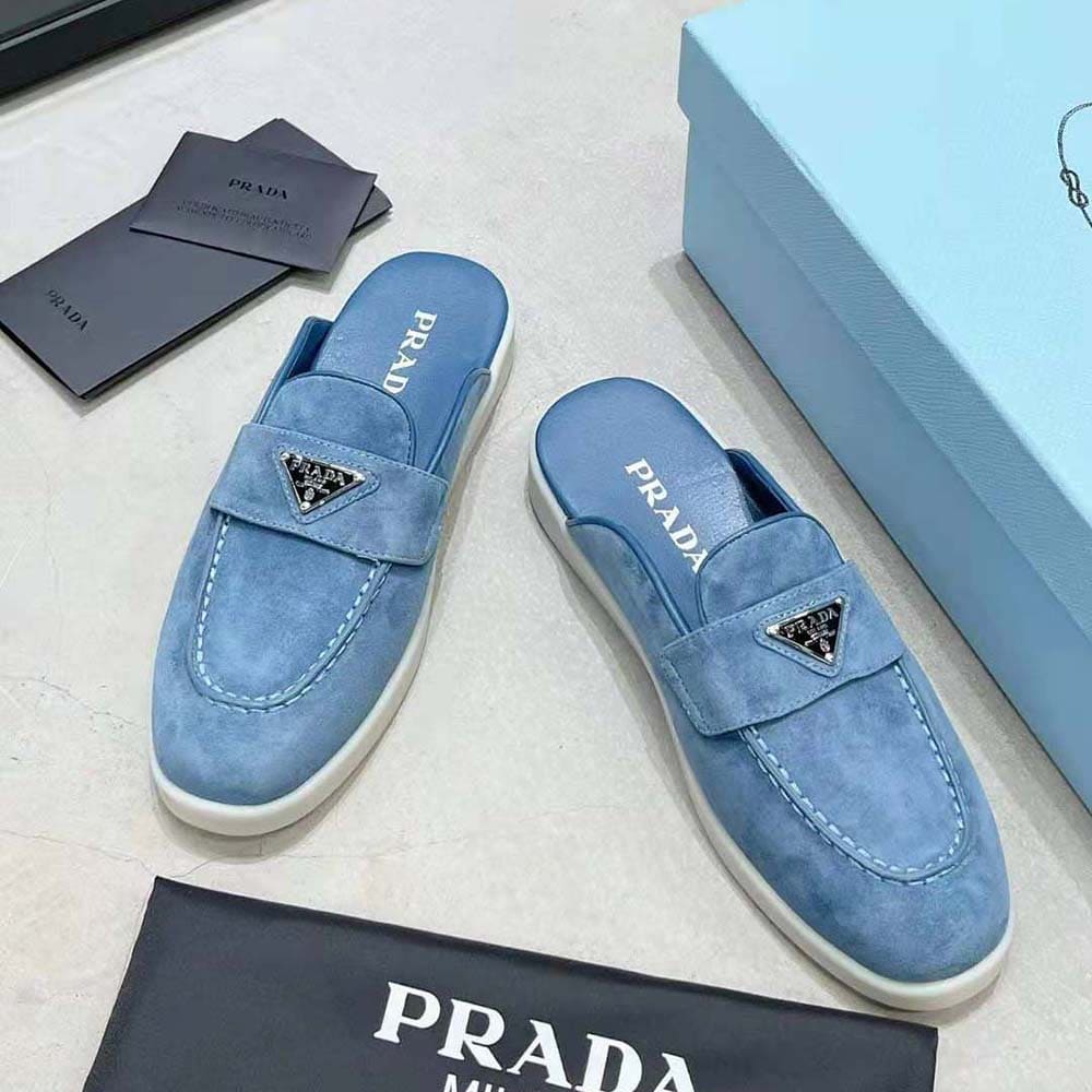 GIÀY PRADA Suede Sabots with the Enameled Metal Triangle Logo