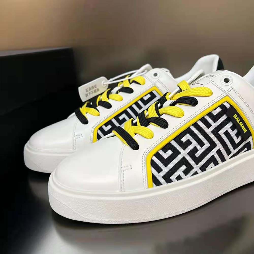 GIÀY Balmain Unisex B-court Monogrammed Nylon and Leather Trainers-White
