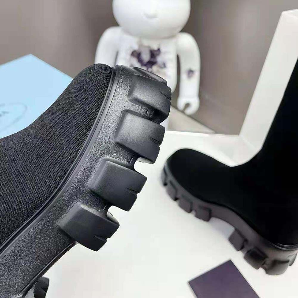 GIÀY Prada Women Monolith Knit Boots with Embossed Rubber Triangle Logo