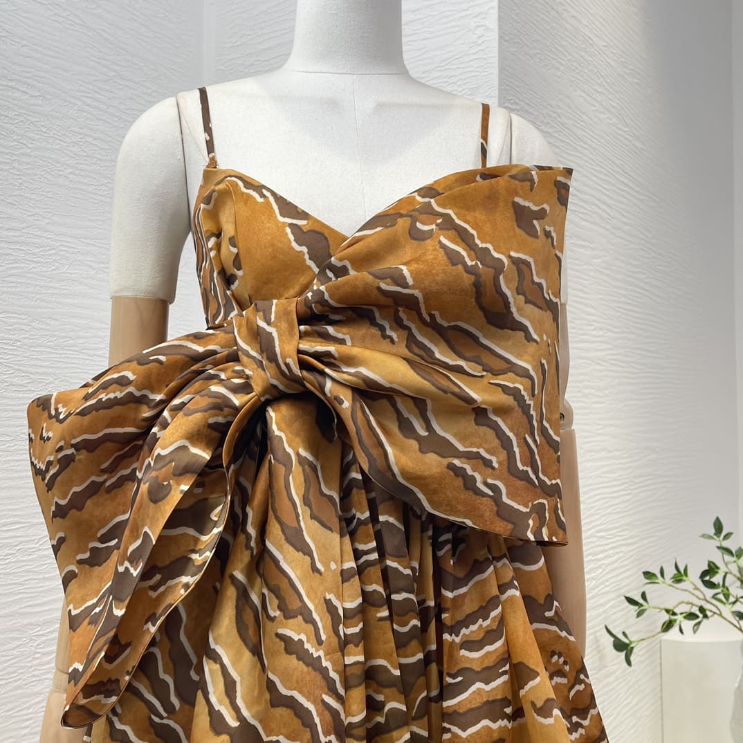 VÁY ZIMMERMANN Camel Tiger Striped Strapless Sleeveless Bow Midi Dress High Classy