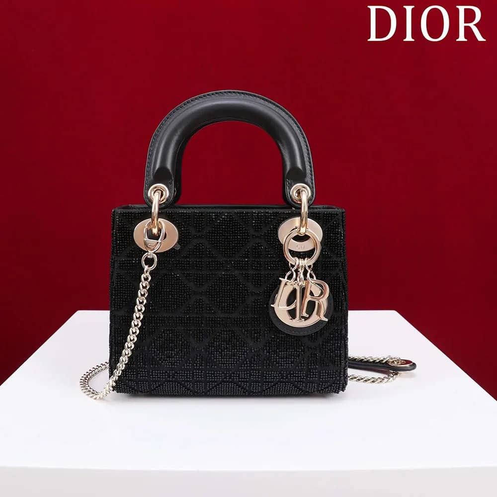 TÚI Dior Women Micro Lady Dior màu xám ánh kim Cannage da cừu thêu hạt