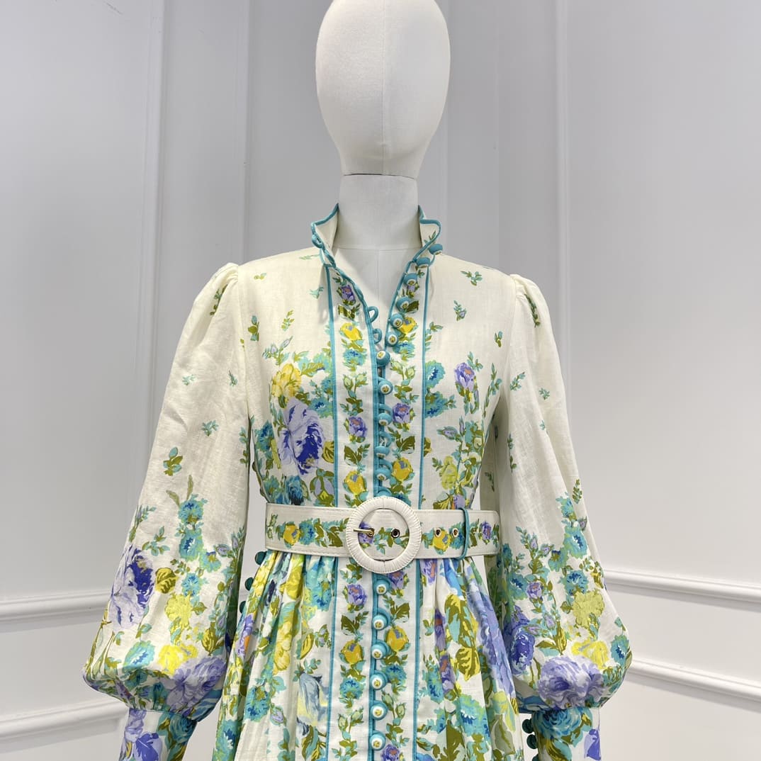 VÁY ZIMMERMANN Floral Printing Spring Summer Mandarin Collar Mini Dresses with Belt High Classy