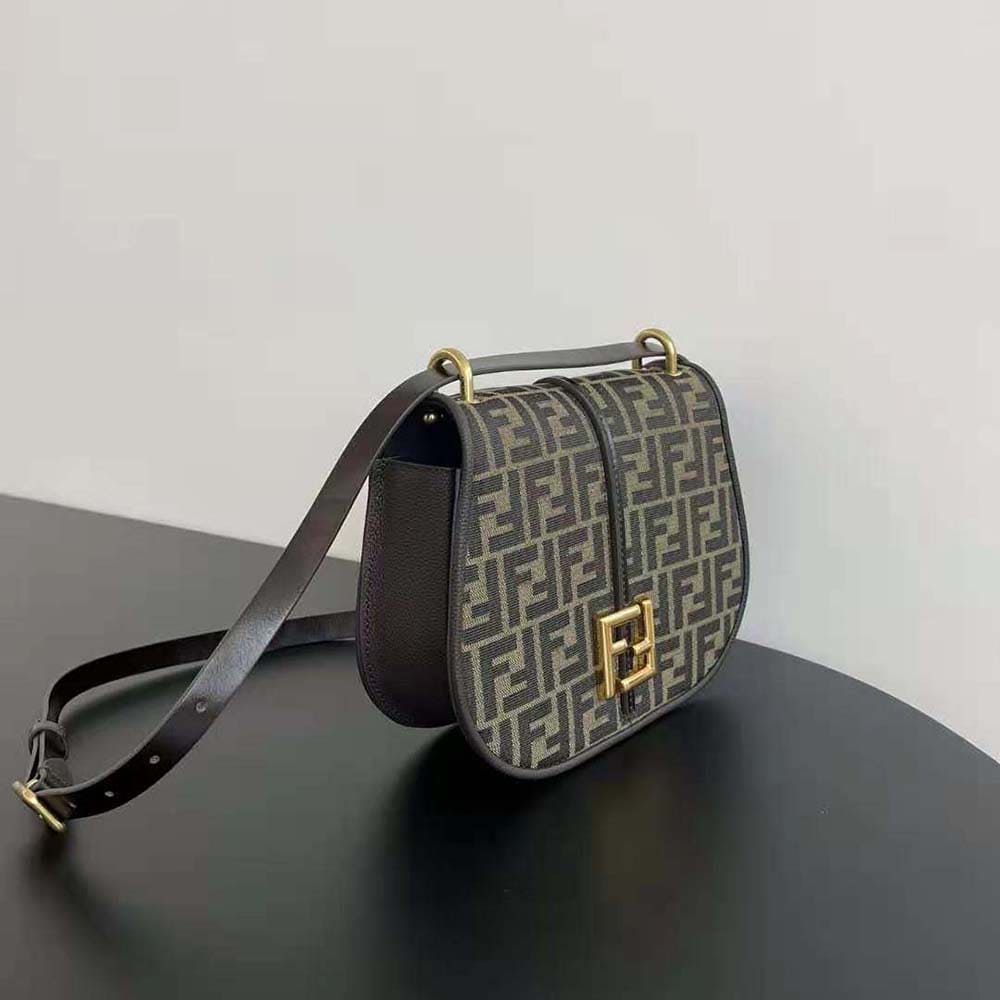 TÚI FENDI Women C’mon Medium Brown FF Jacquard Fabric and Leather Bag
