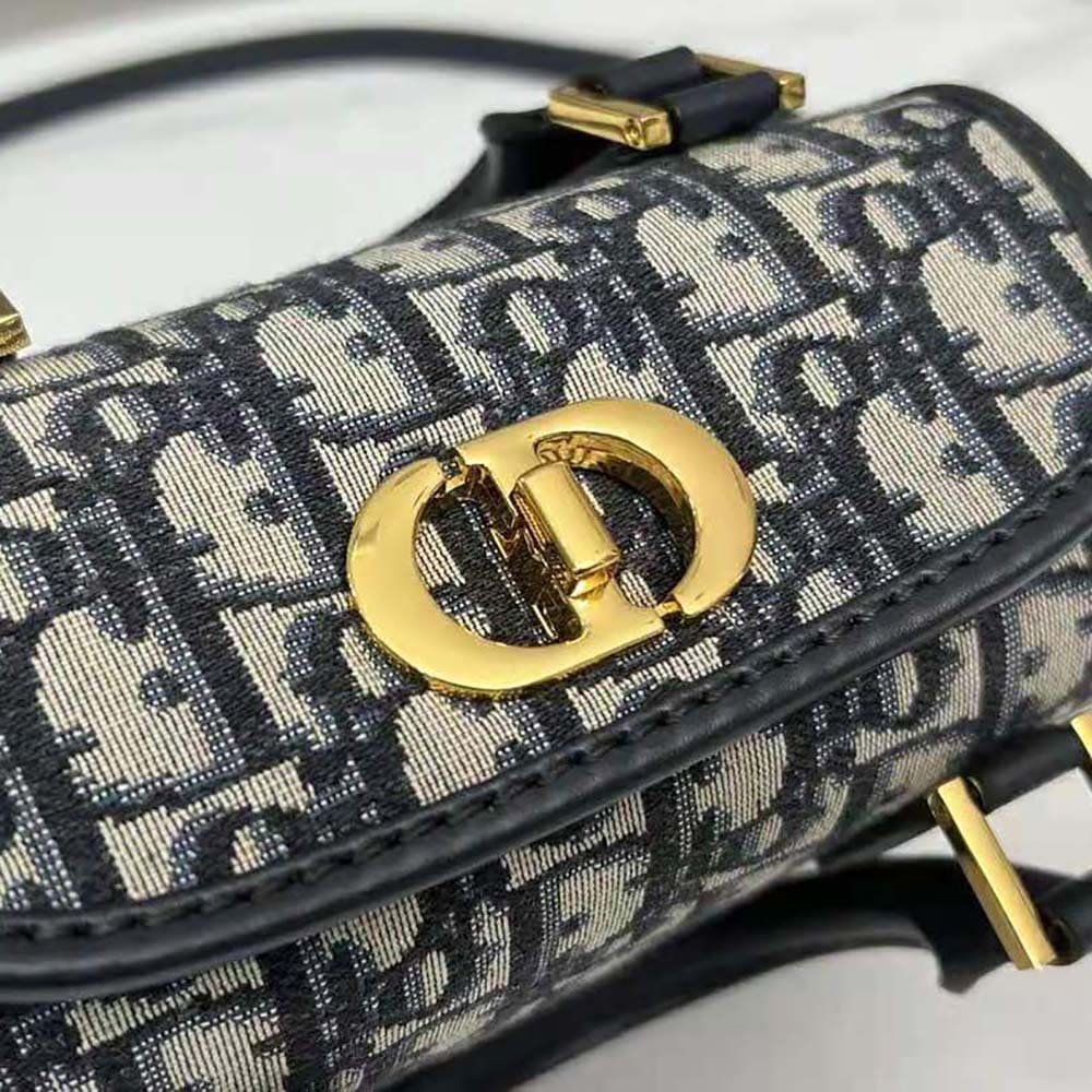 TÚI Dior Women Small Boston Bag Blue Dior Oblique Embroidery and Smooth Calfskin