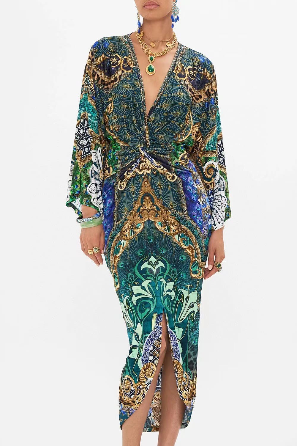 VÁY CAMILLA V NECK GREEN PEACOCK LONG DRESS High Classy