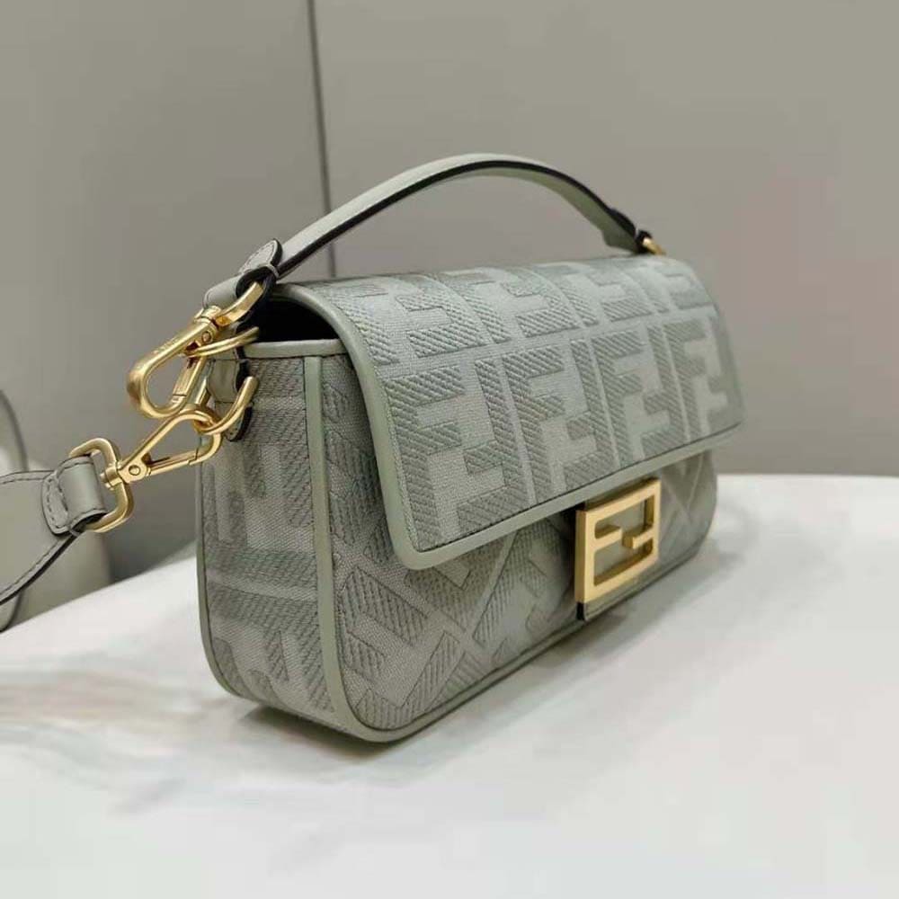 TÚI FENDI Women Baguette Light Green Canvas Bag with FF Embroidery