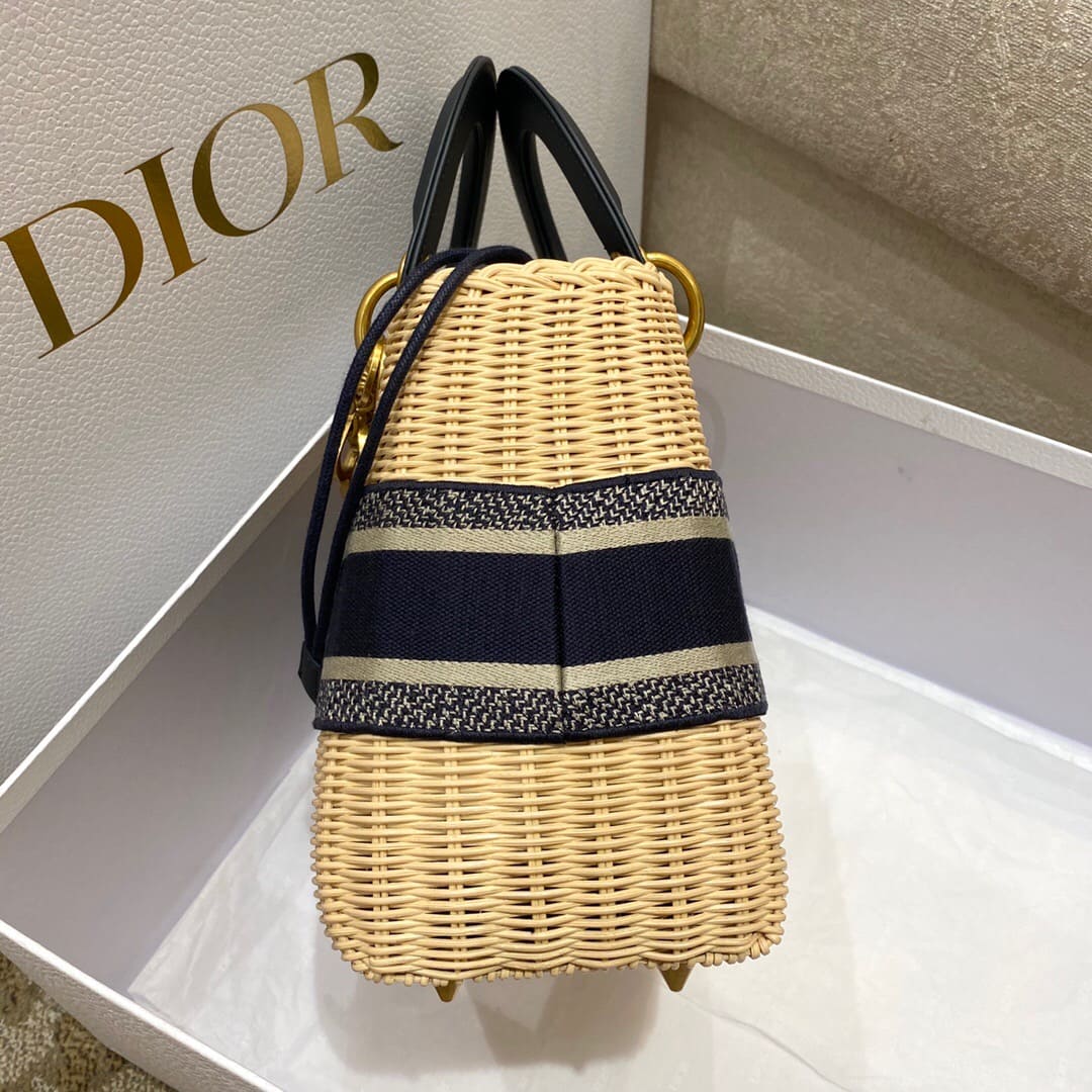 TÚI Dior Women Medium Lady Dior Bag Natural Wicker and Black Dior Oblique Jacquard