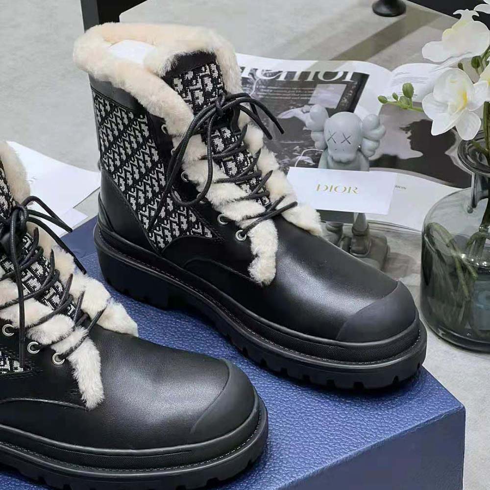 GIÀY Dior Explorer Ankle Boot Black Smooth Calfskin and Dior Oblique Jacquard