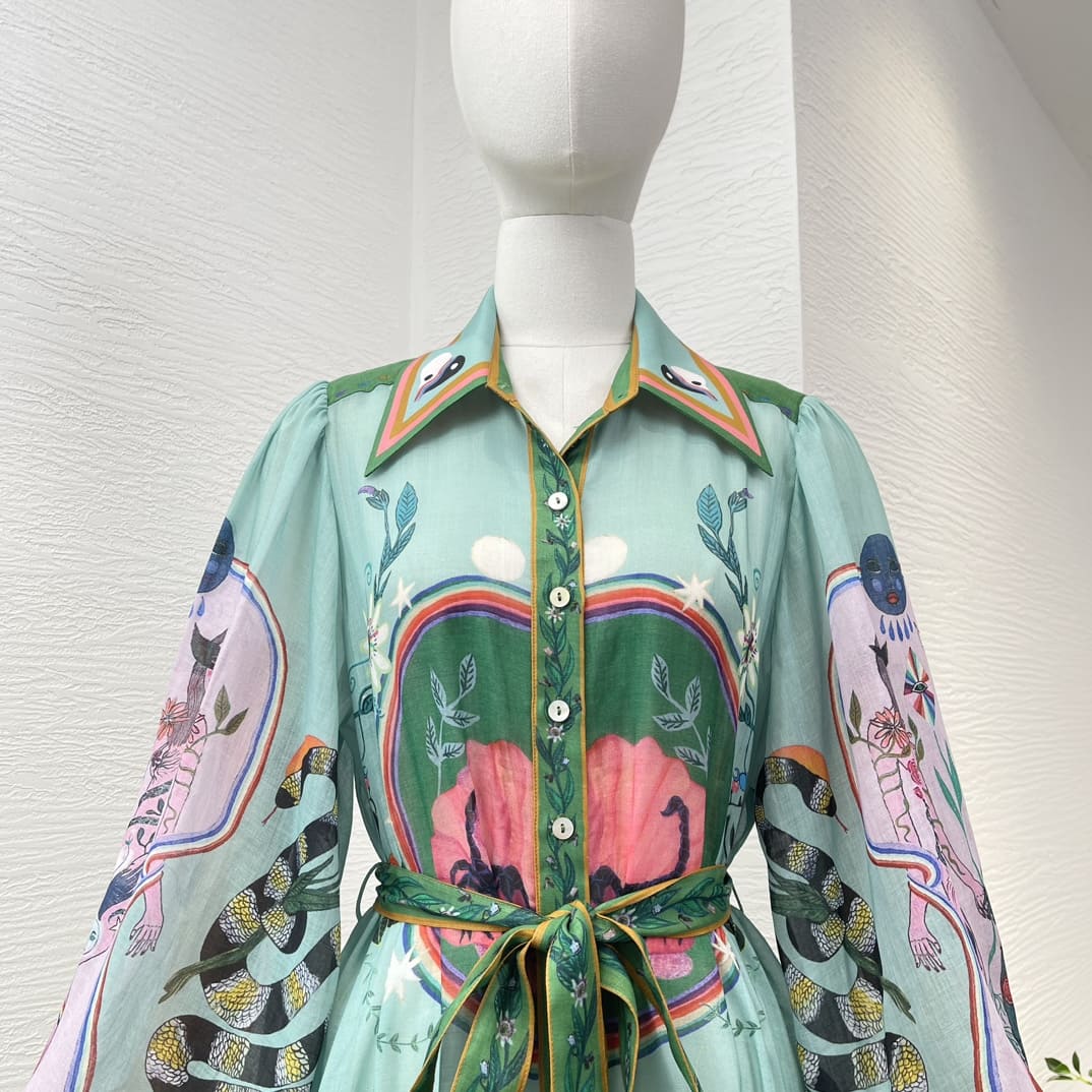 VÁY ZIMMERMANN Green Ramie Animal Printed Long Sleeve Loose Dress High Classy