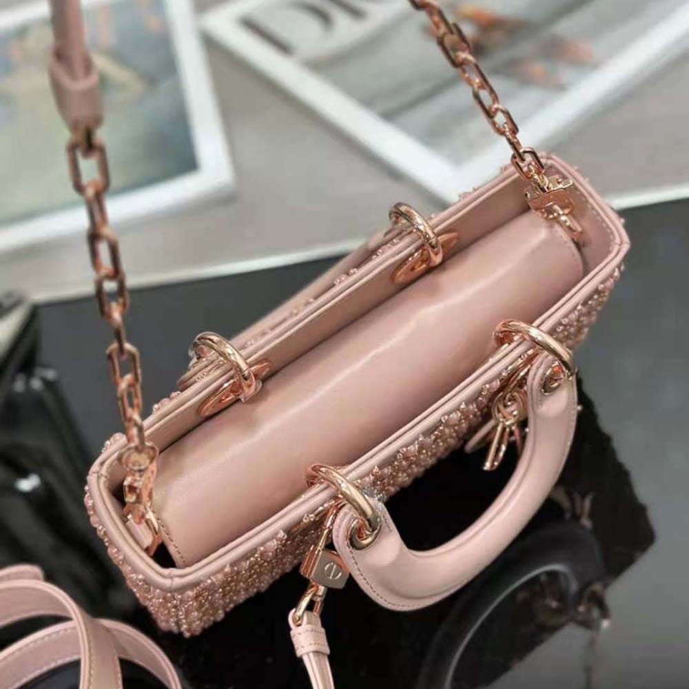 TÚI Dior Women Small Lady D-joy Bag Rose Des Vents Cannage Calfskin Embroidered with Resin Pearls