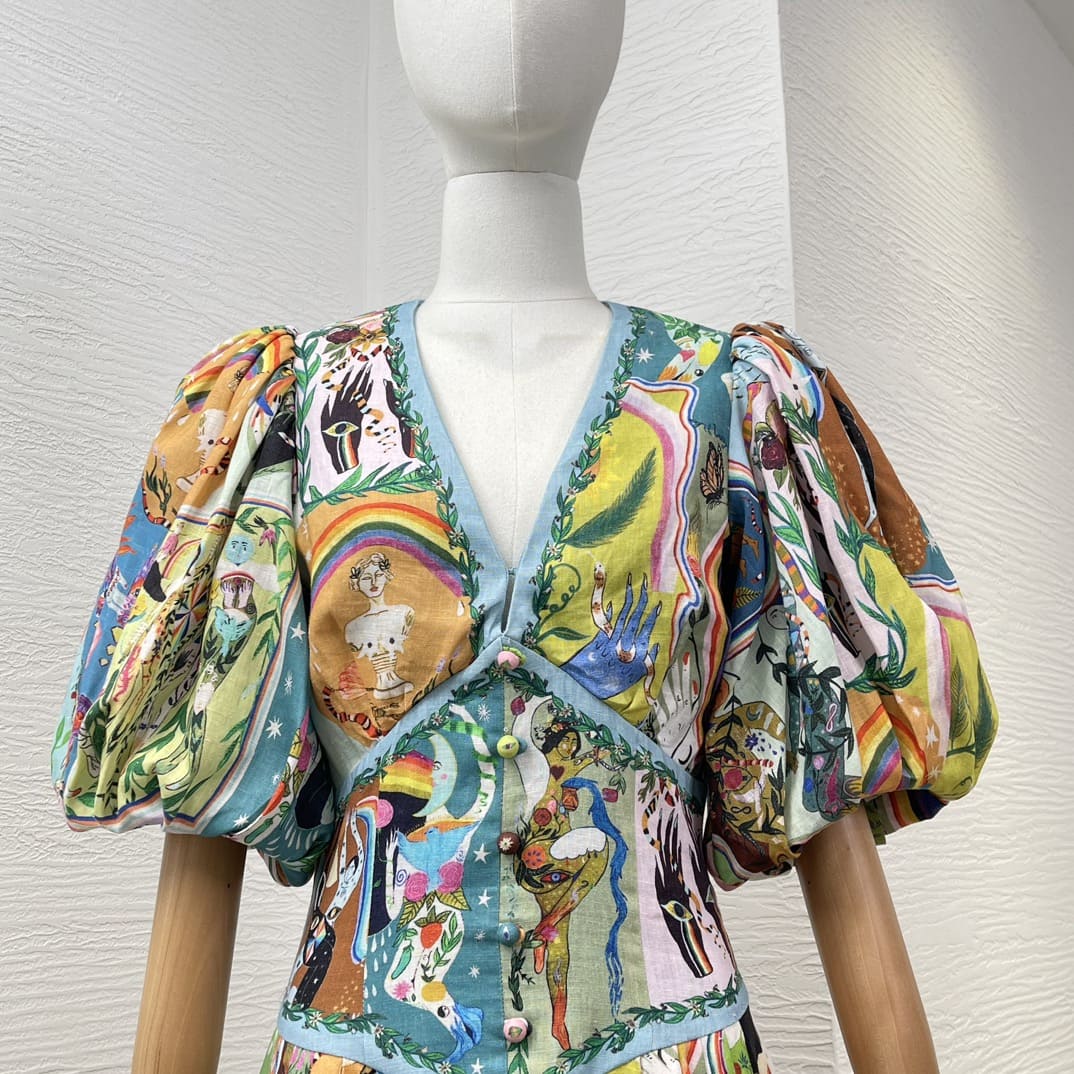 VÁY CAMILLA Portrait Cartoon Floral Print Short Sleeve Midi Dress High Classy