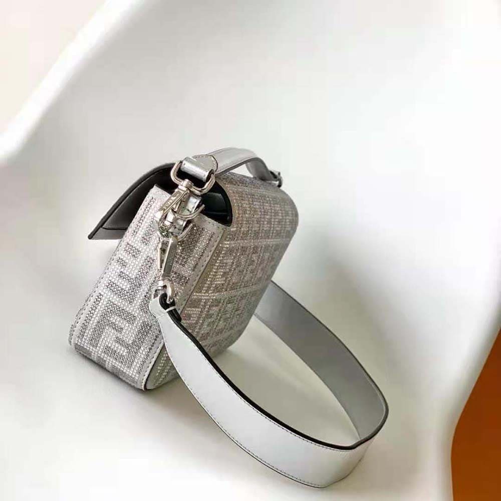 TÚI FENDI  Women Baguette Silver Leather Bag with Crystal FF Motif
