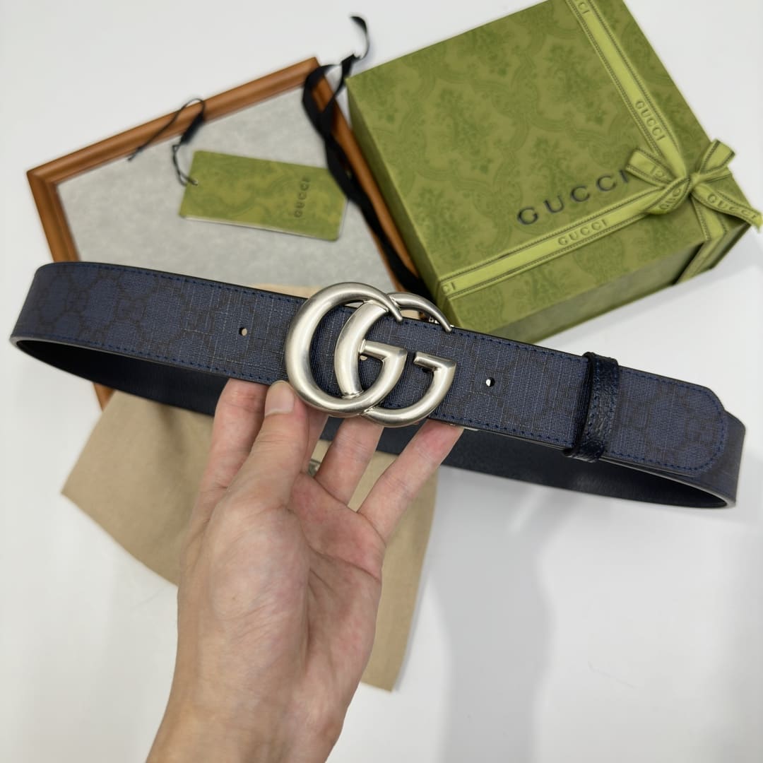 DÂY LƯNG GUCCI GG BLUE CANVAS LEATHER Khóa bạc